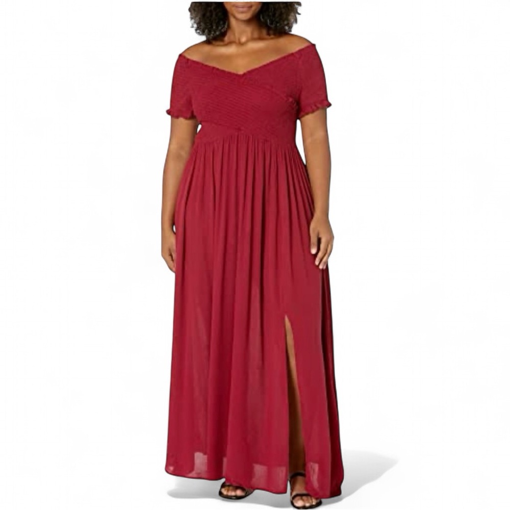 City Chic Burgundy Off-Shoulder Maxi Dress with Front Slit
